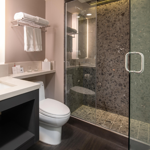 Simple bathrooms with luxury bath amenities and all the comforts of home.