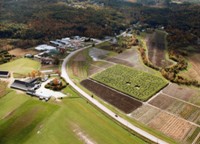Aerial view of the fields directly across from the Farmstand