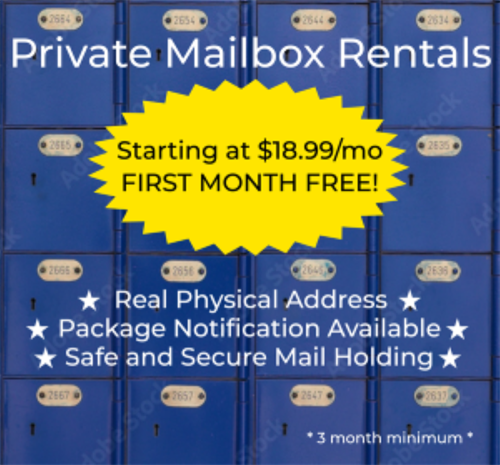 Our private mailbox rentals with 1 Free month