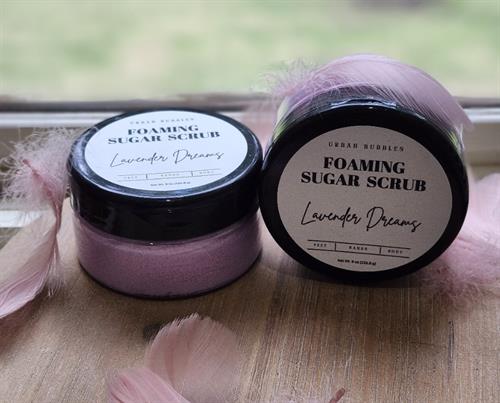 Drift into calm with Lavender Dreams — this gentle foaming sugar scrub soothes your skin and your senses with every use. Drift into calm with Lavender Dreams — this gentle foaming sugar scrub soothes your skin and your senses with every use.