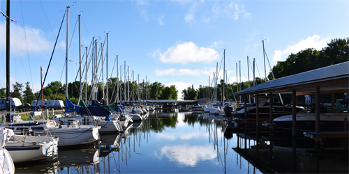 Protected inland harbor on Walker Bay with covered and uncovered slips, and dockside gas