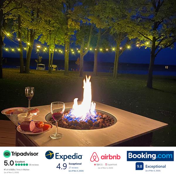 Lake view in the evening from the fire table on the deck.