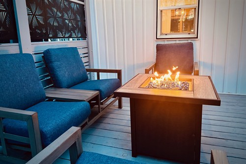 The private back deck’s fire table is made for easy evenings outside.