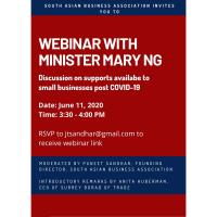 South Asian Business Association: Webinar with the Minister of International Trade, Export Promotion, and Small Business: Mary Ng