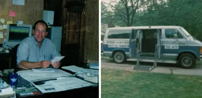 Van Elliott in Home Office in 1989 and the 1st Wheelchair Van for the Business.