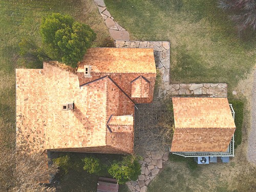 Aerial photo of cedar shake job Stout completed