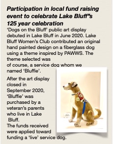 Participation in local fund raising. "Miss Bluffie", hand painted fiberglass dog, theme inspired by one of our philanthropic recipients Participation in local fund raising. "Miss Bluffie", hand painted fiberglass dog, theme inspired by one of our philanthropic recipients