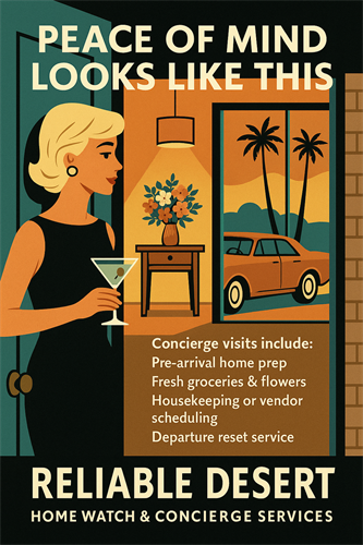 From fresh flowers to pre-arrival home prep, Reliable Desert Home Watch makes desert living effortless. From fresh flowers to pre-arrival home prep, Reliable Desert Home Watch makes desert living effortless.