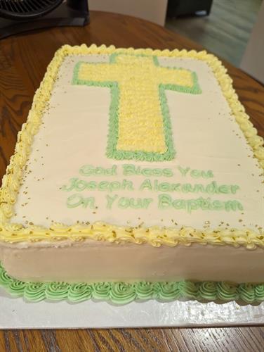 Baptism cake - White chocolate cake with butter cream frosting and raspberry filling