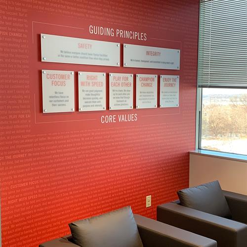 Interior signage depicting core values and principles