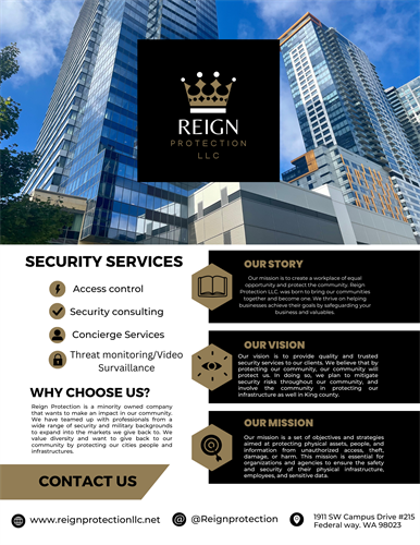 ?? Reign Protection LLC. Wants to make an impact in security through caring for others.  ?? Our team truly strives to mitigate damage, injuries, theft and more!  ? Check us out at our website to see how we can help you today!  ??www.Reignprotectionllc.net  #seattlessmallbusiness #seattlebusiness #minorityowned #wegetresults #seattlewashington #security