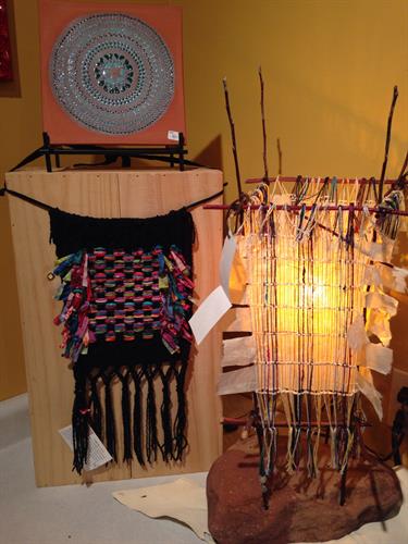 Prayer Flag, Susan Sabre. Tile, Jill Lorenz. Hand crafted woven lamp, Michele Auger.