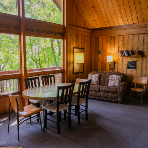 All our cabins have full kitchens and dining rooms. 