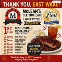 McLean’s Ole Time Cafe Honored in The Wake Weekly Readers’ Choice Awards