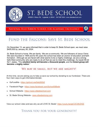 Fund the Falcons, Save St. Bede School