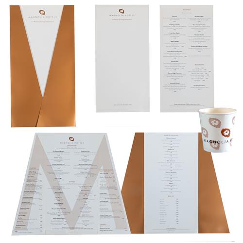 Magnolia Hotel In room Menu and Branded Diposable Cups