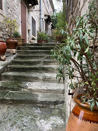 France Les Baux de Provence Village Stone Stairs Cobblestones Clay Pots