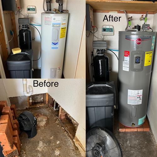 Water heater leak damage repair and new water heater
