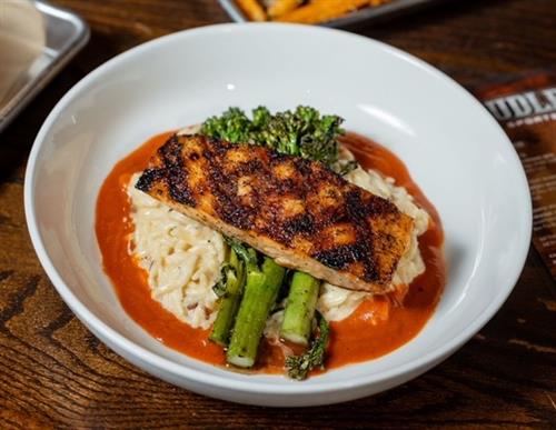 Grilled Salmon w/ Parmesan Orzo and Charred Broccolini