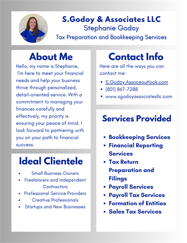 Discover how S. Godoy & Associates LLC can help your business thrive with expert financial solutions. From bookkeeping to tax preparation, we're here to support your success every step of the way!