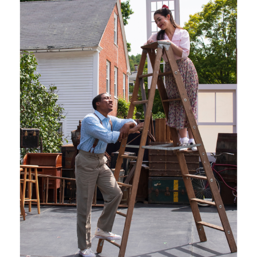 K.P. Powell and Kate Kenney in Thornton Wilder's OUR TOWN, summer 2021. Scenic Design by Charles Morgan. Costume Design by Jane Alois Stein. Lighting Design by Kevin Frazier. Directed by Tom Frey.