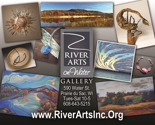 River Arts on Water Gallery Logo and art pieces shown on a graphic