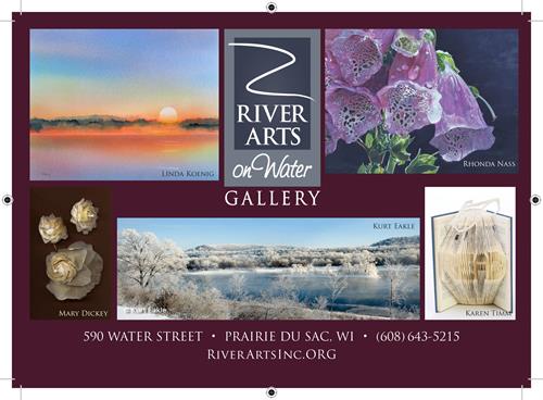 River Arts on Water Gallery logo with select art pieces in a graphic