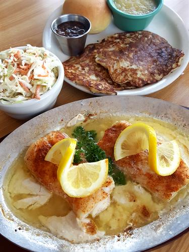Fish dinner with coleslaw at Riviera Bowl & Pizzeria