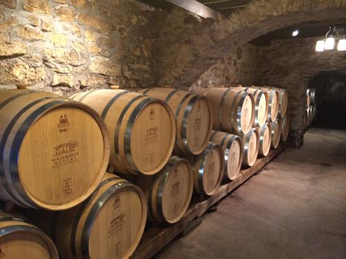 Barrels of wine at Wollersheim Winery