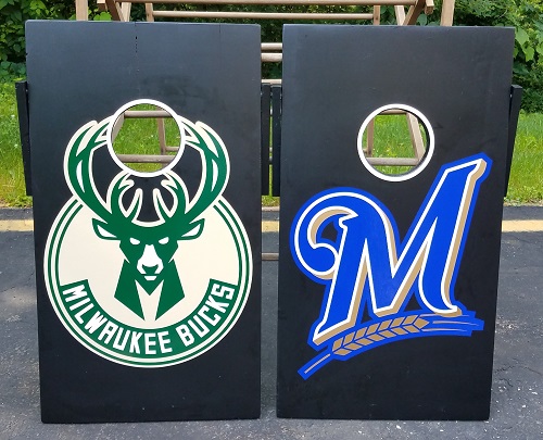 cornhole board designs - Milwaukee Bucks and Milwaukee Brewers logos