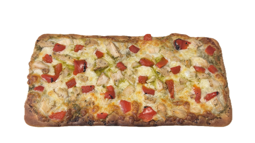 The Switchback: Bold turns: fajita chicken, roasted red peppers, mozzarella & basil pesto on a stone-fired flatbread