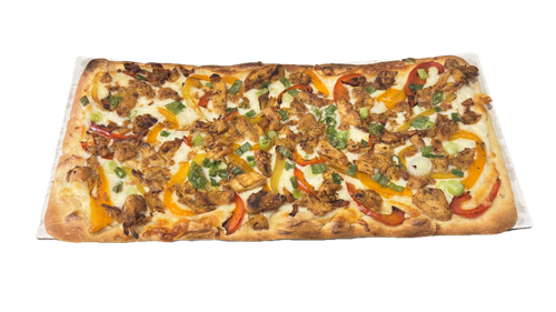 IRIE Ridge:High vibes: caramelized jerk marinated chicken, scallions, yellow, red & orange charred bell peppers, mozzarella with jerk-infused creamy cream cheese sauce on a stone-fired flatbread