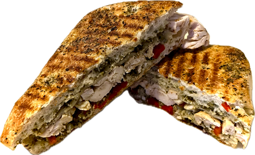 The Kayaker: Fresh from the banks: sliced chicken, basil pesto, roasted red peppers & provolone on pressed herb focaccia