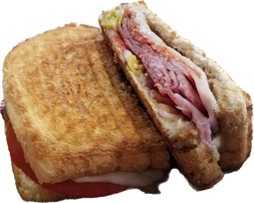The Butchers Block: Butcher’s cut: salami, ham, pepperoni, red onion, tomato, pepperoncini, provolone, balsamic on pressed sourdough 