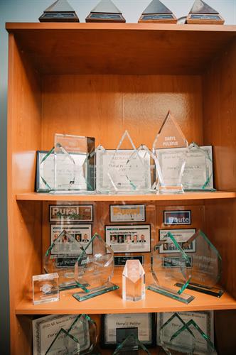 View of bookshelf with glass award trophies