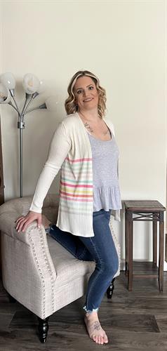 Rainbow striped cardigan with grey tanktop and jeans