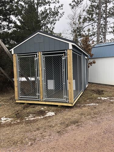 8’x16’ kennel, also make 12’ wide with 3 runs, floor is composite decking, individual interior pens and windows