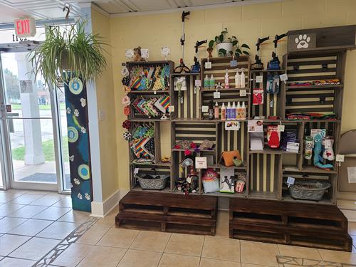 We carry handmade dog items along with a few select sprays, brushes, and toys.