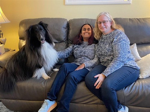 Mozzie - our therapy dog - checking out one of the therapy couches with therapists, Alyssa and Monique