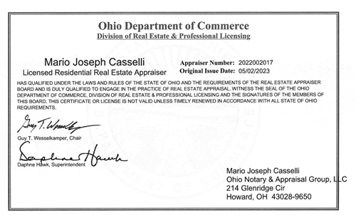 Licensed Residential Home Appraiser, State of Ohio