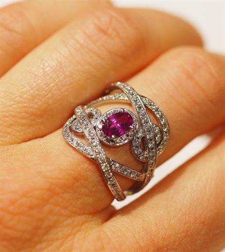 Free-form Pink Sapphire and Diamond Ring is beyond eye catching, it's bold and beautiful - one of our favorites! 