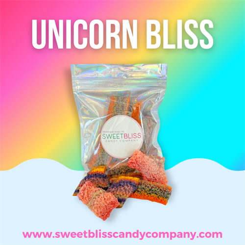 Unicorn Bliss is a colorful and delicious bite-sized treat with a crunchy texture and burst of sweet, fruity flavor. Made in-house with our secret recipe, Unicorn Bliss is the perfect snack for candy lovers of all ages.