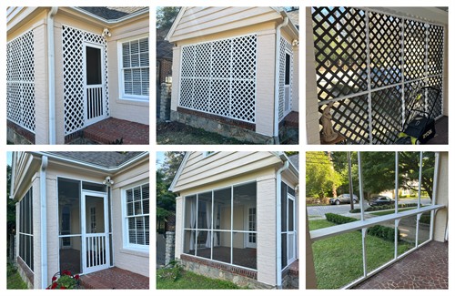 The front porch of this house got a bit of a makeover. I re-framed and re-screened the entire porch, removed the lattice, and added a bar shelf across the front.