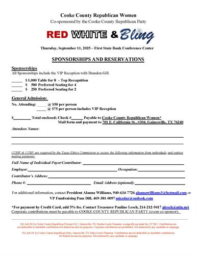 "Red, White & Bling" Reservations & Sponsorship Form