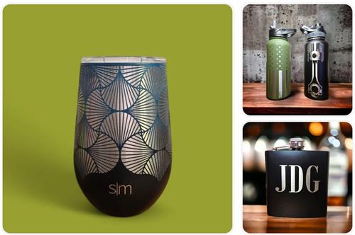 3 photos: 1. a geometric pattern engraved on a dark blue wine tumbler. 2. two water bottles side by side, the left is green with an engraved flag while the right is black with an engraved piston. 3. a black flask with engraved letters JDG