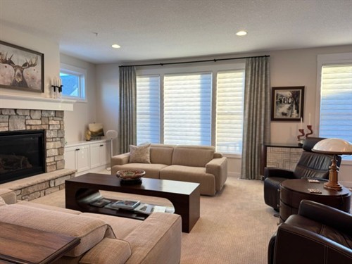 Finished project in Hudson, We installed motorized Vignette shades by @HunterDouglas and beautiful side panels from @CaroleFabrics for a soft decorative touch
