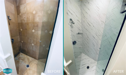 Shower tiles refinishing. Pattern used - NS814 Cremona Arabescato film from the Stone&Marble Sollection.
