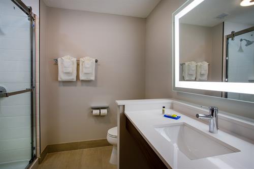 Spacious and well lit bathrooms with built in amenities.