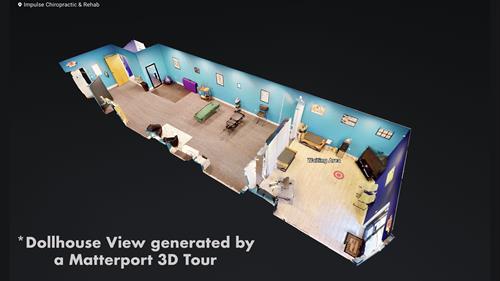 Here is the Dollhouse View from a Matterport 3D Tour of Impulse Chiropractic and Rehab. This 3D representation is standard with every 3D Tour.