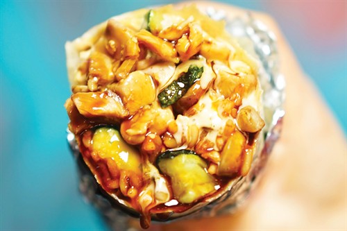 Savory Teriyaki Chicken Burrito with fresh zucchini and mushrooms
